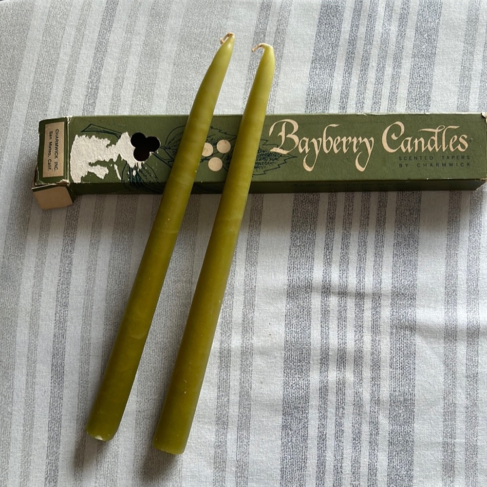 VINTAGE BAYBERRY CANDLES. 10” taper. Olive green color. Never burned. Pair.